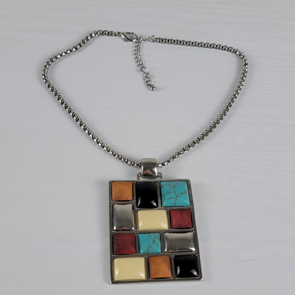 Multicolor Stone Cabochon Rectangle Statement Pen… - image 3